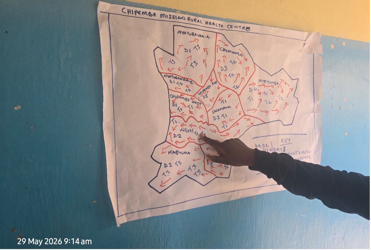 A map showing the catchment area for Chipembe RHC, the site selected for the 3SI control project. The area is divided into 10 neighborhoods and comprising of 42 villages